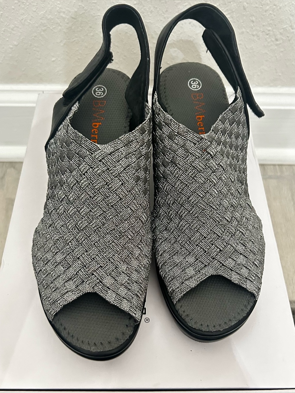 bernie mev. Silver Woven Slingback Sandals Size 5
